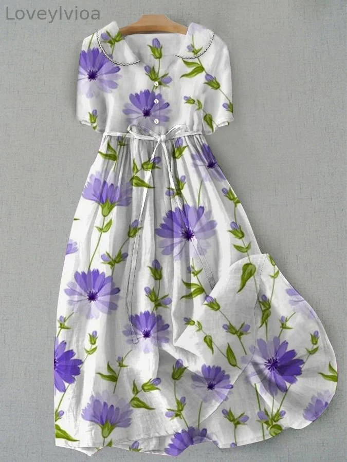 Women's Vintage Botanical Floral Design Print Doll Neck Lace Up Dress