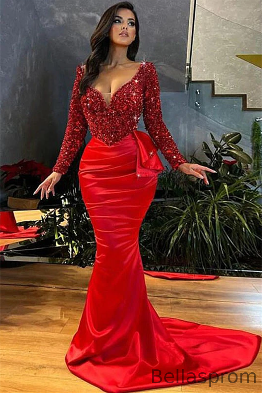 Bellasprom Red V-Neck Long Sleeves Mermaid Prom Dress With Sequins Bellasprom