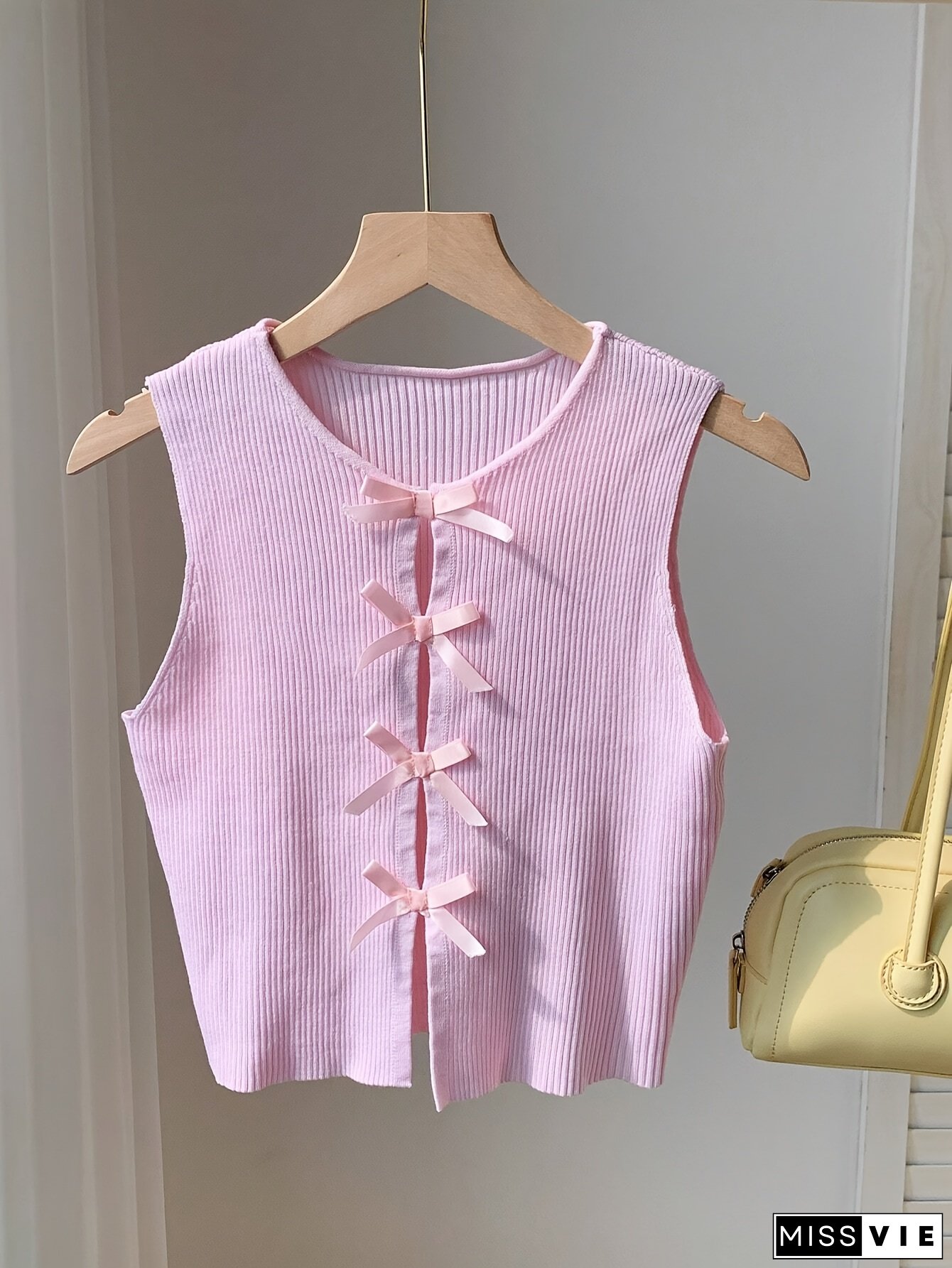 [Pink Vest] Elegant Pink Vest | Women's Solid Color Round Neck Sleeveless Casual Top for Spring/Summer/Fall - Versatile Layering Piece, Seasonal Fashion, Decorative Bow Detail, Soft Texture