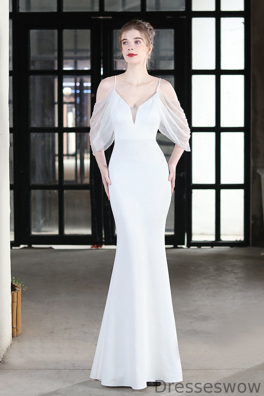 Dresseswow Spaghetti-Straps Mermaid Evening Dress V-Neck Ruffles Sleeves YE0034
