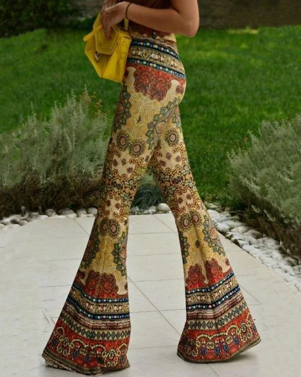 Long Flare Pants Ethnic Style Vintage Print Boho Pants