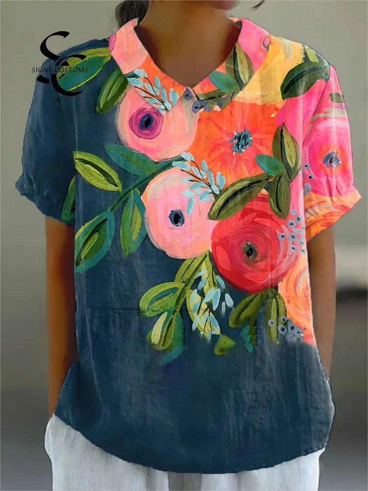 Women's  Vintage Floral Print Casual Cotton And Linen Shirt