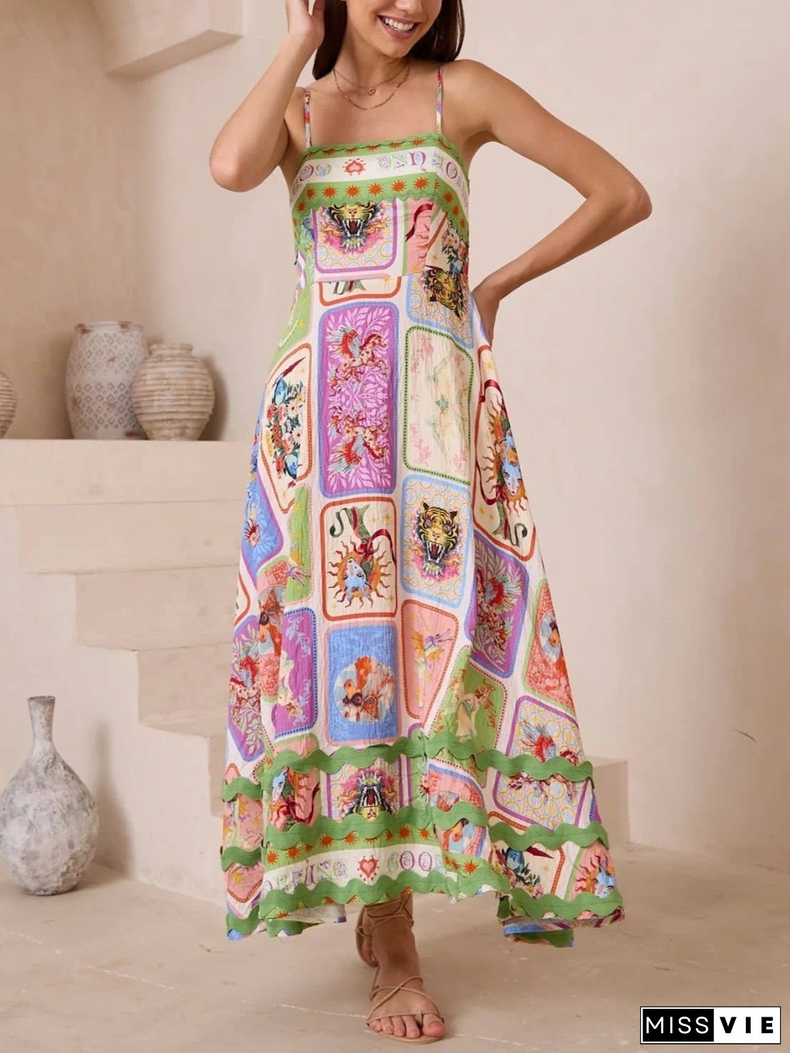 Resort Unique Bold Graffiti Print Slip Maxi Dress