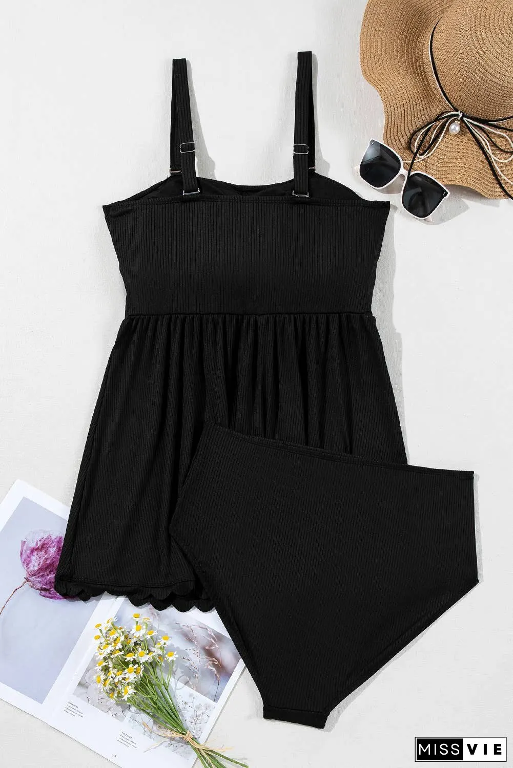 Plus Size Textured Scalloped Trim Swim Dress with Panty