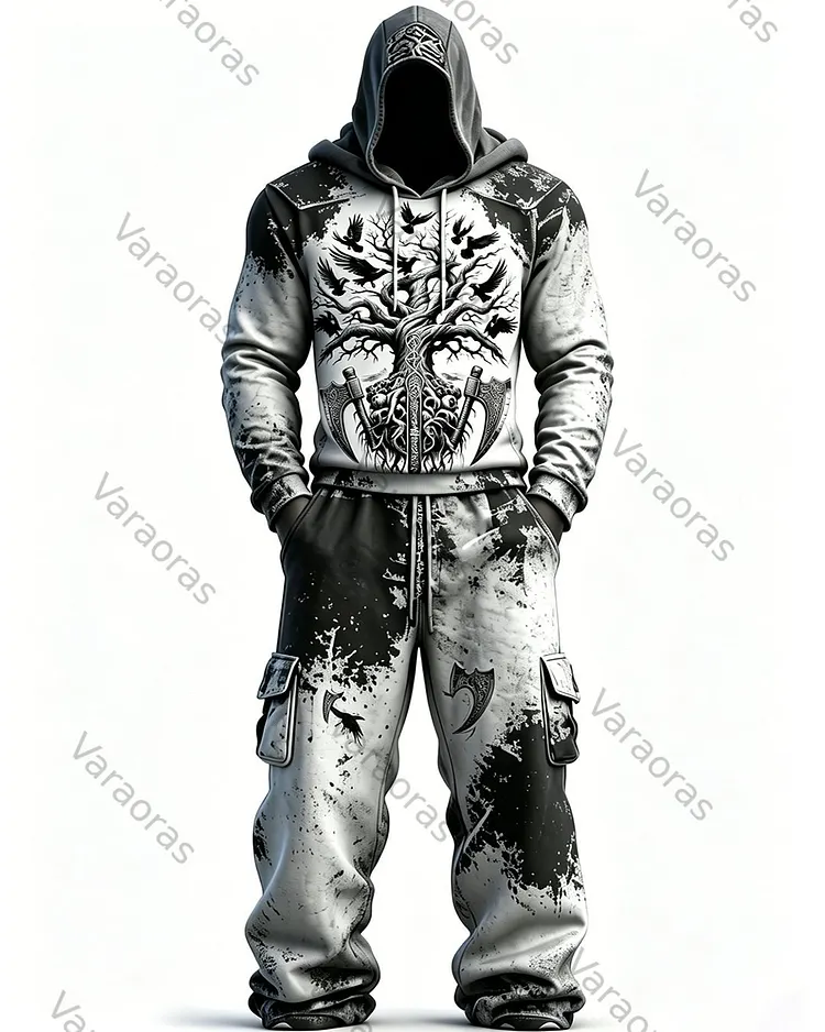 Men's Fashion Viking Tree of Life Embroidered Hoodie & Pants Two-Piece Set 6189
