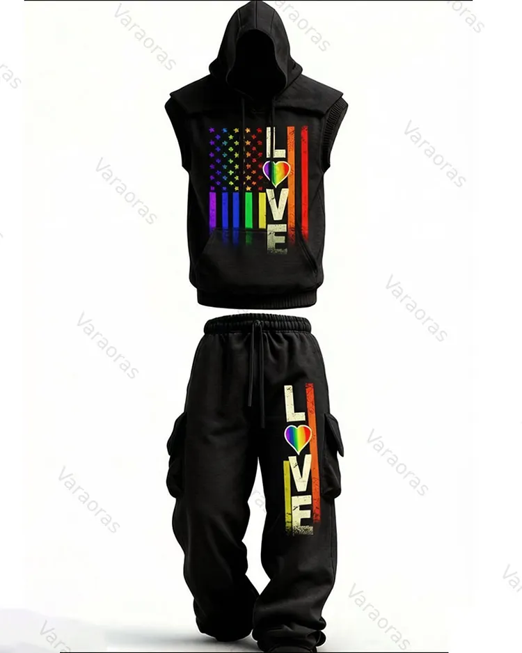Men's Summer Fashion Pride Month Themed Linen Hoodie & Pants Two-Piece Set 1325