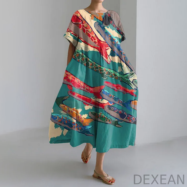 Japanese Ocean Art Print Loose Casual Midi Dress