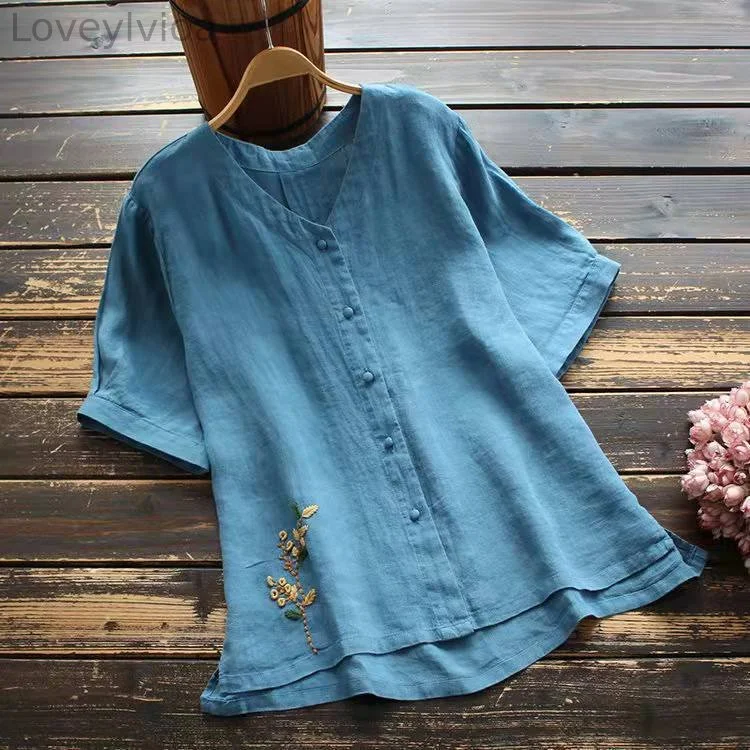 Retro Floral Embroidered V-Neck Cotton And Linen Shirt