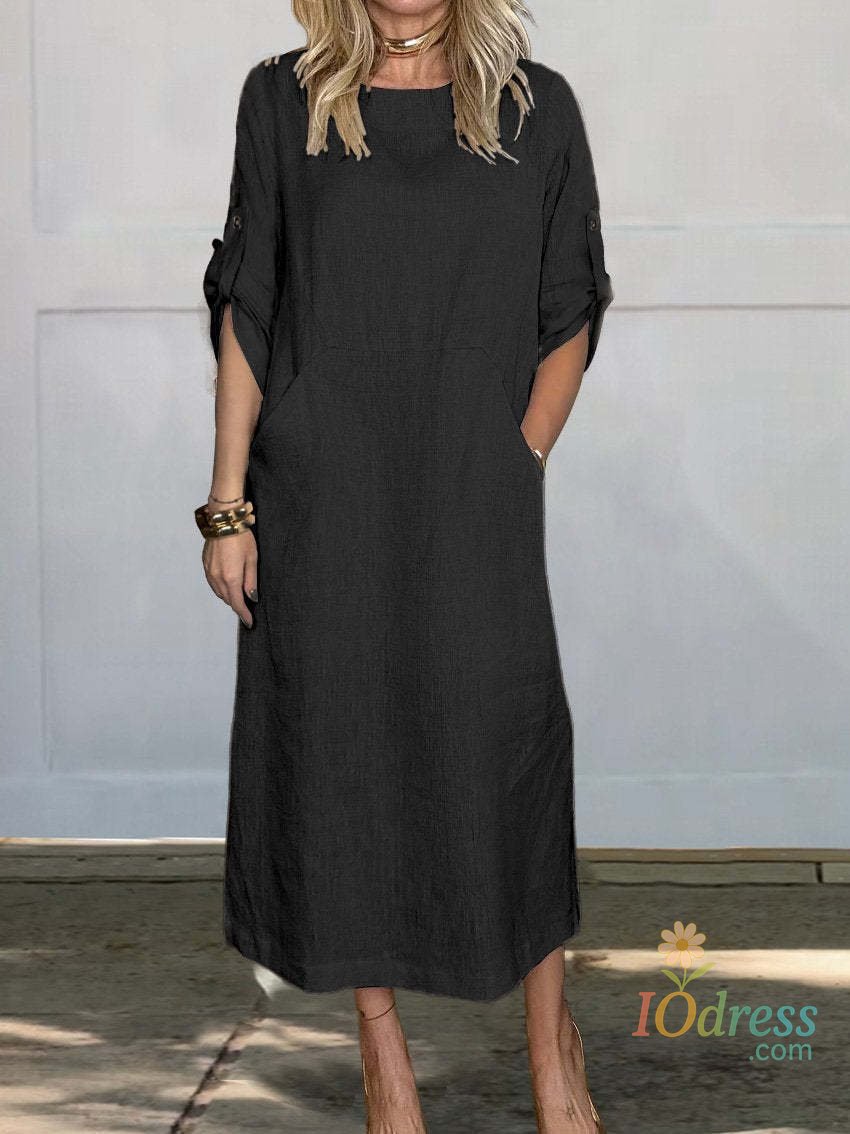 IO Dress New Women's Clothing 2024 Summer Loose Casual Solid Color Short Sleeved Cotton Linen Fashionable Button With Pocket Dress