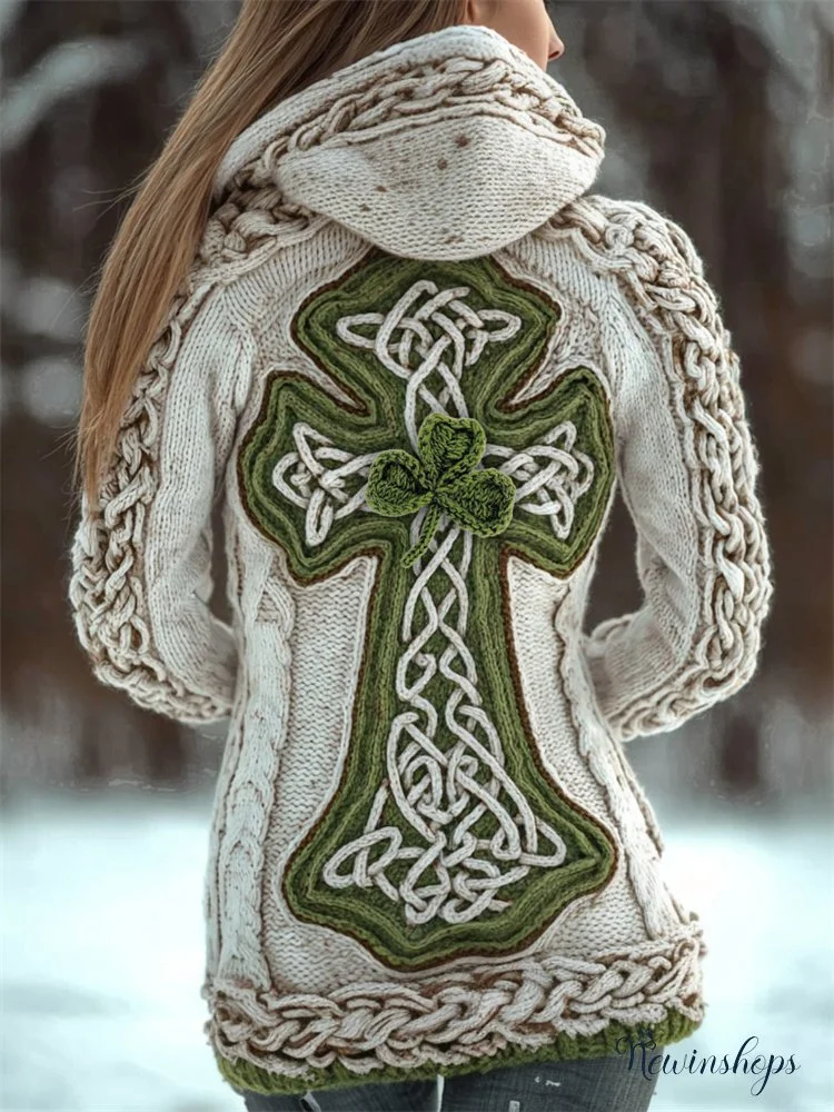 Vintage Irish Shamrock Celtic Cross Cozy Chunky Hooded Cardigan