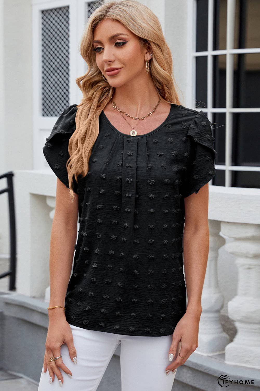 Swiss Dot Round Neck Petal Sleeve Blouse | IFYHOME