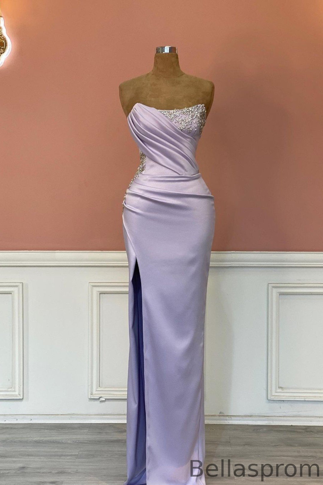 Bellasprom Lilac Strapless Mermaid Prom Dresses Side Split With Beads Bellasprom