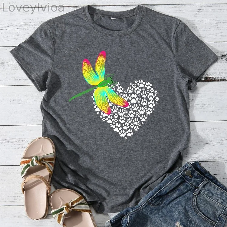 Hearts and dragonflies Round Neck T-shirt-0025907