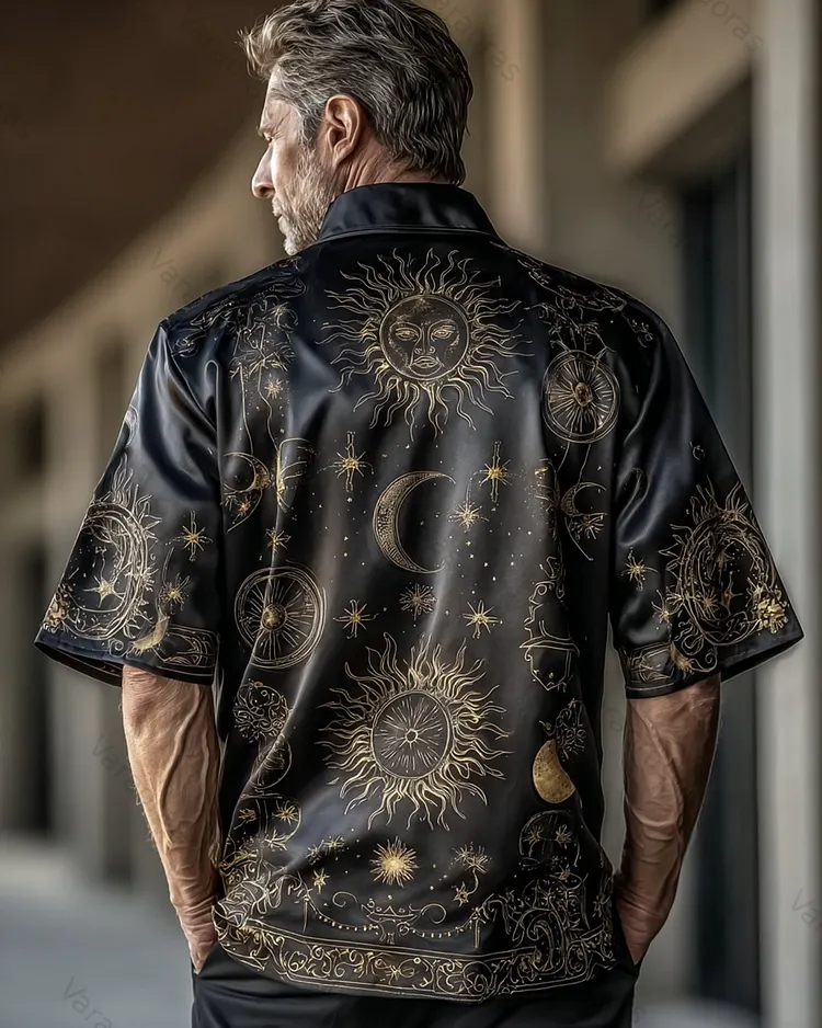Men's Summer Star and Moon Embroidered Satin Polo Shirt 7653