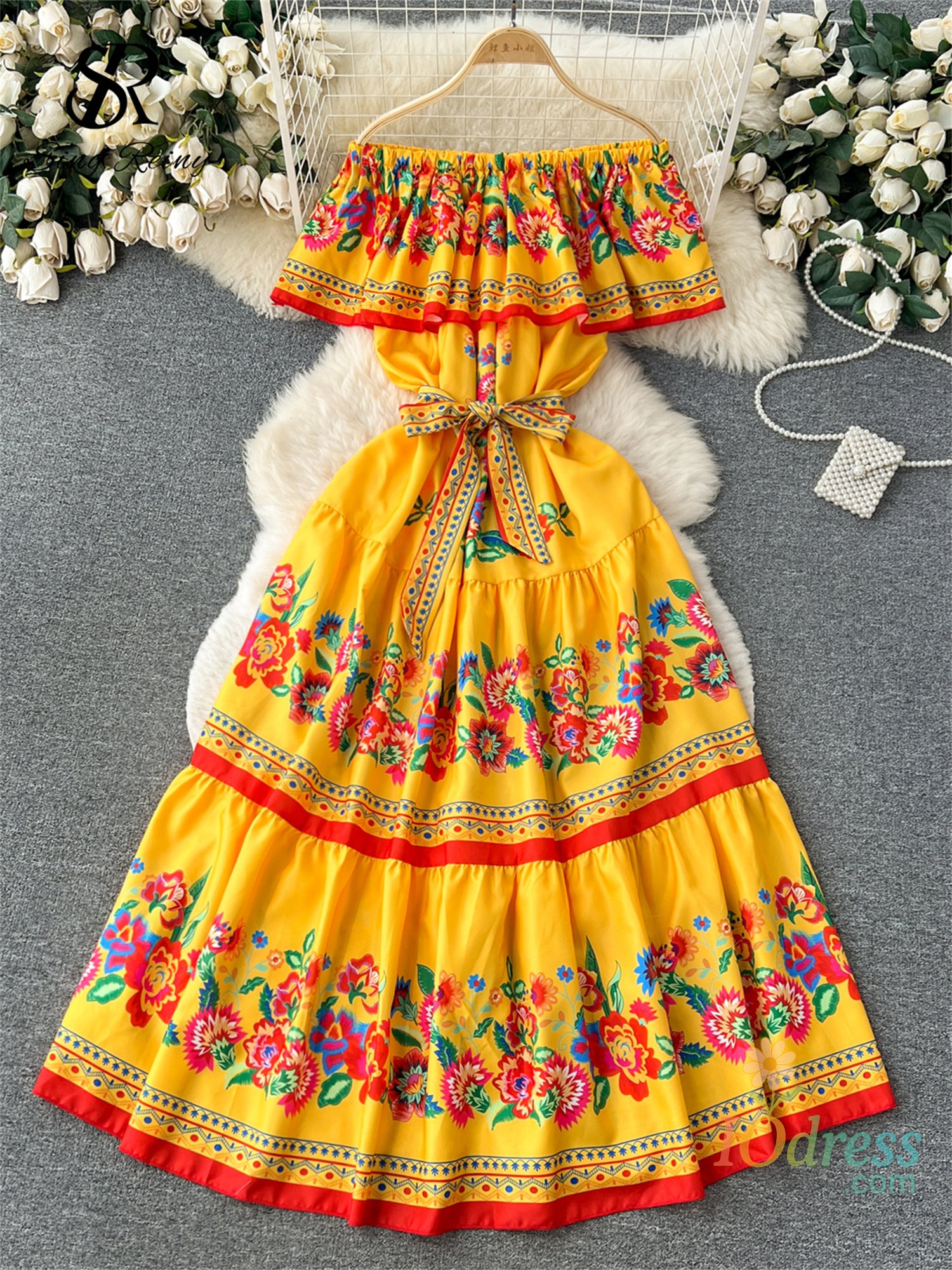 IO Dress SINGREINY French Court Floral Print Dress Women Sling Slash Neck Off Shoulder Waist Lace Up Design 2023 Fashion Loose Long Dress