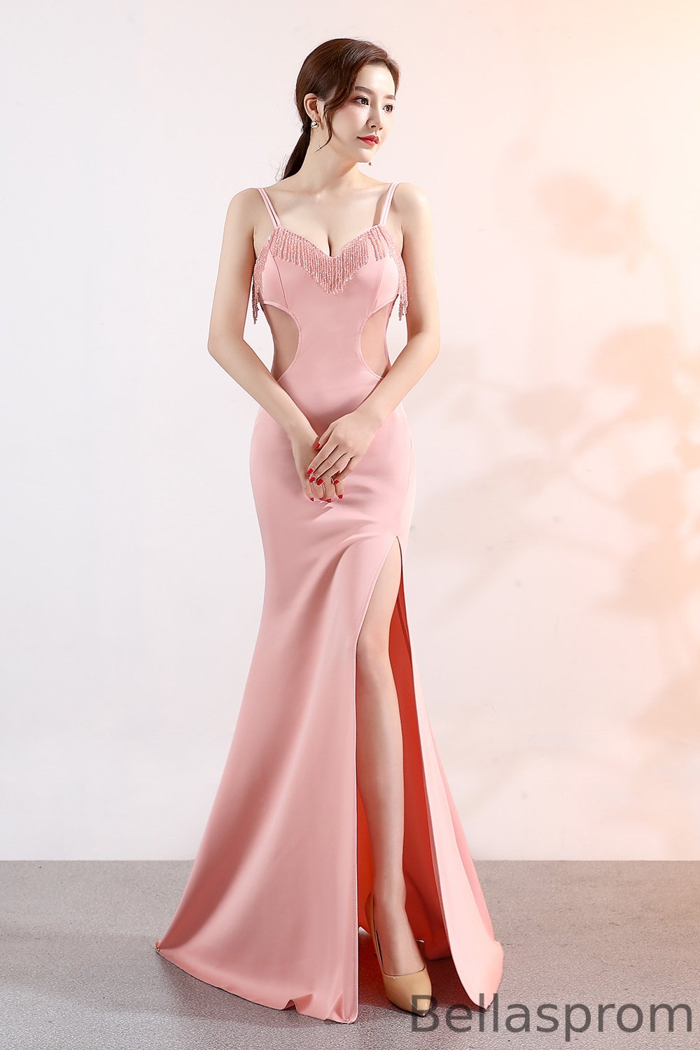 Bellasprom Spaghetti-Straps V-Neck Evening Gown Mermaid Long With Tassels Slit YE0109 Bellasprom