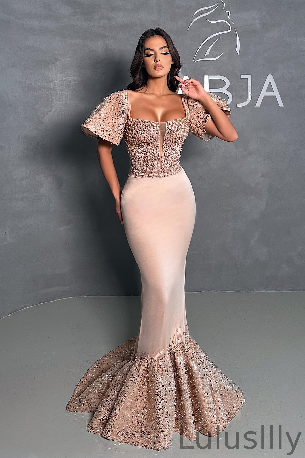 Glamorous Square Short Sleeves Mermaid Evening Gown With Sequins Pearls - lulusllly