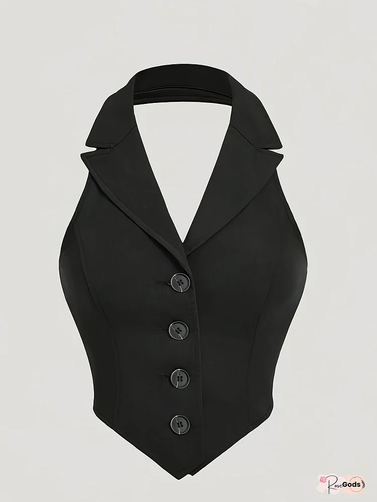Women's Summer Sleeveless Halter Neck Top - Slim-Fit Solid Black Shirt With Front Button Placket, Elegant Casual Chic Blouse For Casual Attire, Timeless Design