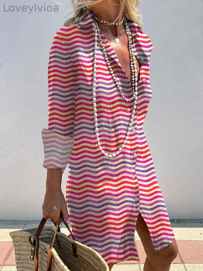 Women's Elegant Striped Print Shirt Dress