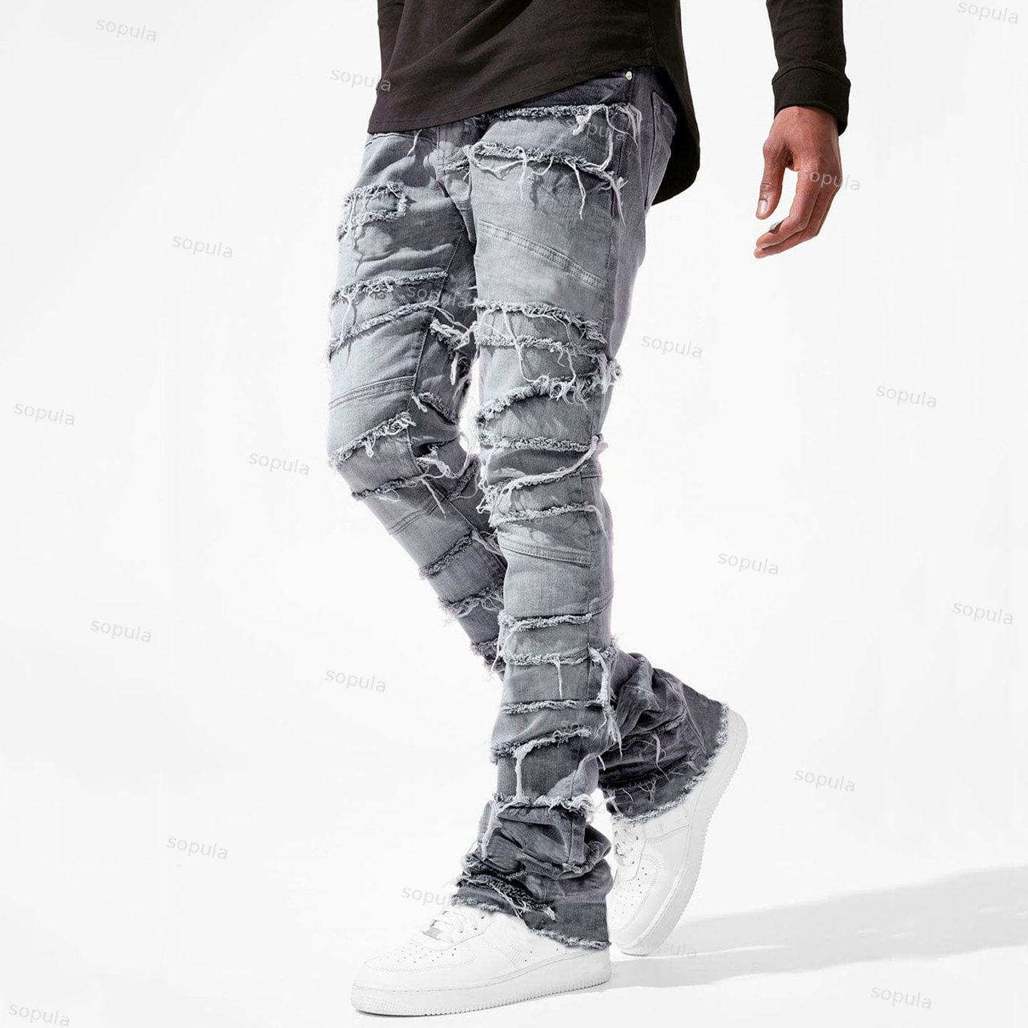 Men's Street Stretch Patch Denim Straight Pants