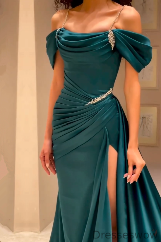 Dresseswow Off-the-Shoulder Mermaid Prom Dresses High Split Long With Pleats Beads