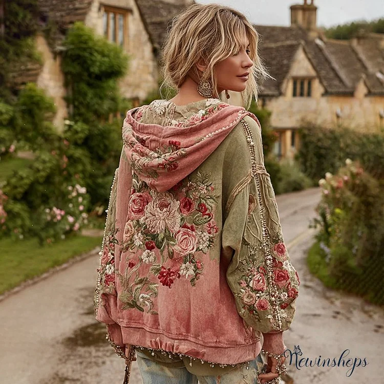 Vintage Floral Embroidery Patchwork Art Casual Hooded