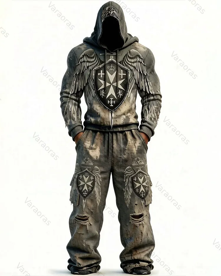 Men's Color-Blocked Cultural Cross Embroidered Distressed Hoodie and Pants Two-Piece Set 7957