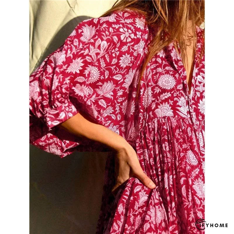 Half Sleeves V-Neck Floral Printed Casual Loose Mini Dress | IFYHOME