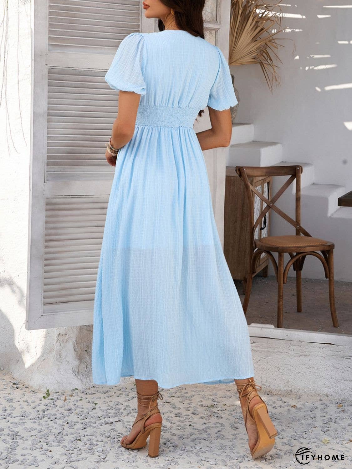 Devine V-Neck Puff Short Sleeve Midi Dress | IFYHOME