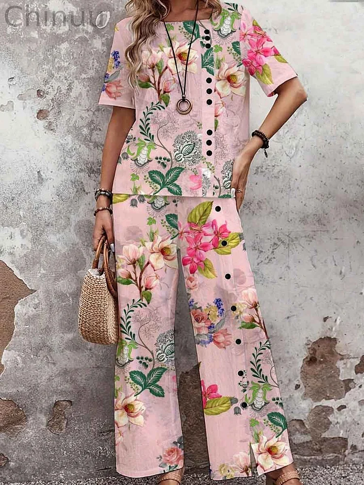 Women's Elegant Rose Floral Print Top Set