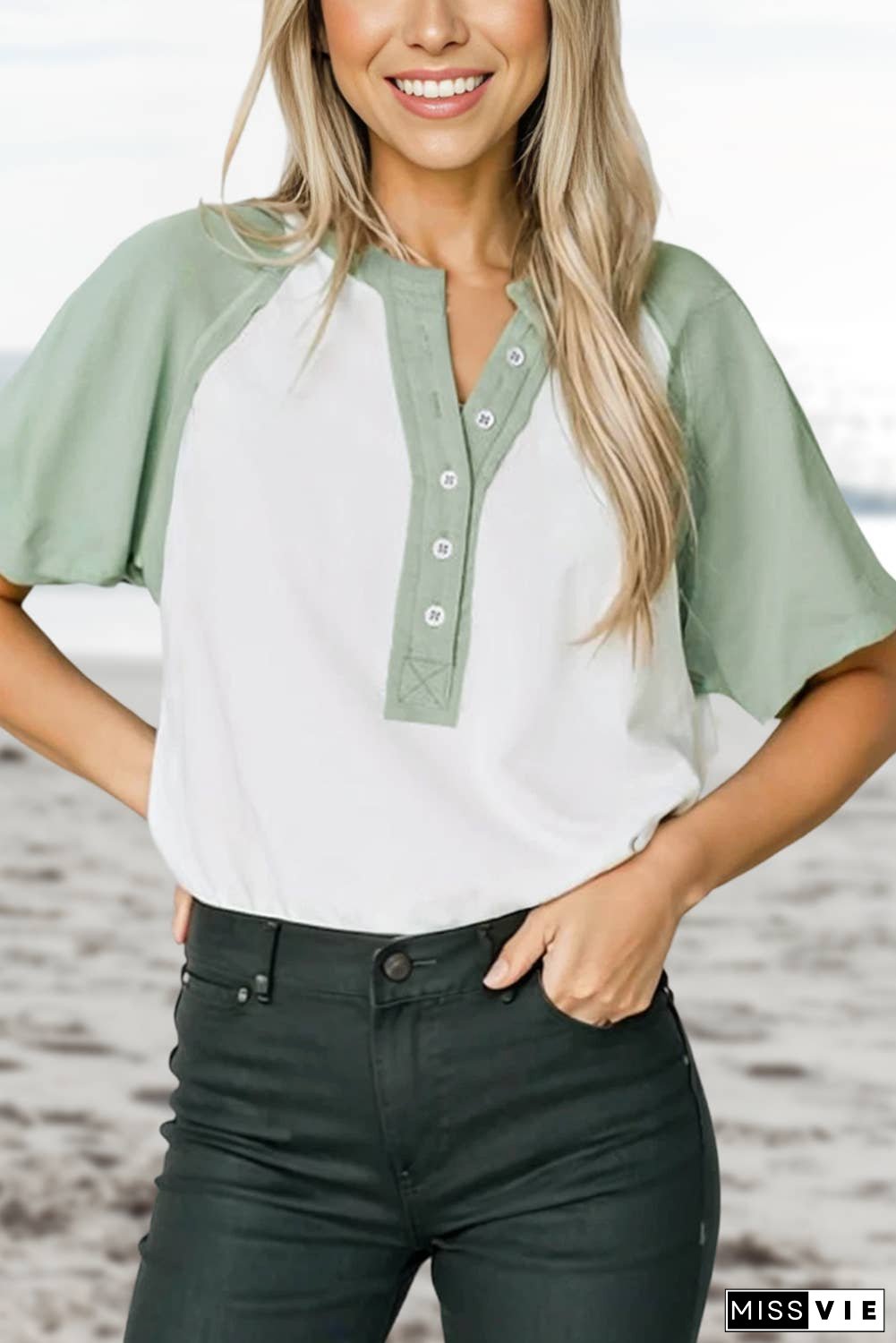 Colorblock Short Sleeve Half Buttons T Shirt | S-XL