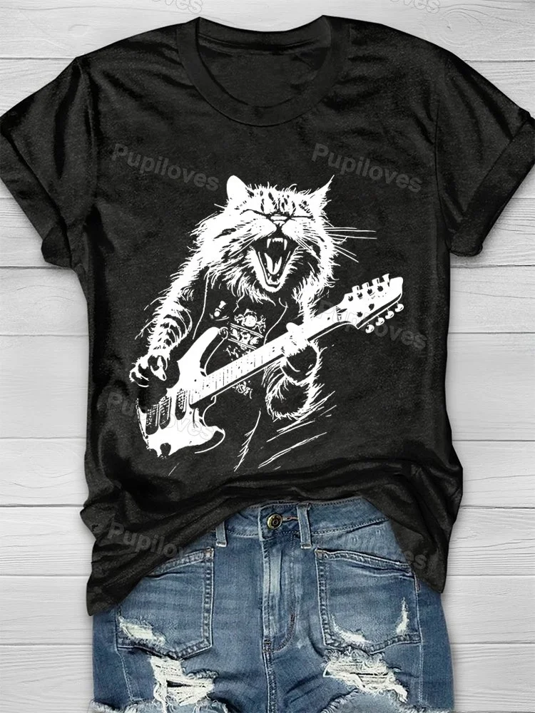 Pupiloves Pupiloves  Pupiloves    Rock Cat Playing Guitar Funny Guitar Cat Premium T-shirt