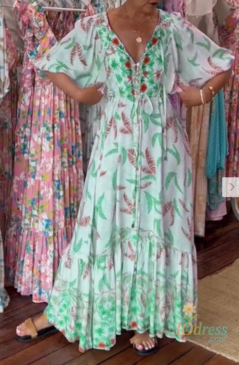 IO Dress Elegant V Neck Pleated Print Dress For Women Casual Holiday Long Lady Outfit 2025 Spring Summer A-Line Boho Maxi Dresses Vestido
