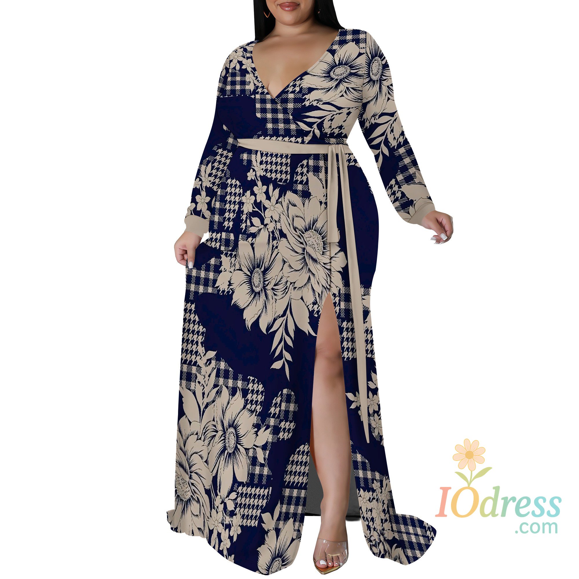 IO Dress Plus Size Long Sleeve Plaid Floral Wrap Maxi Dress for Women, Elegant Dress with Side Slit for Casual or Party Wear IO Dress