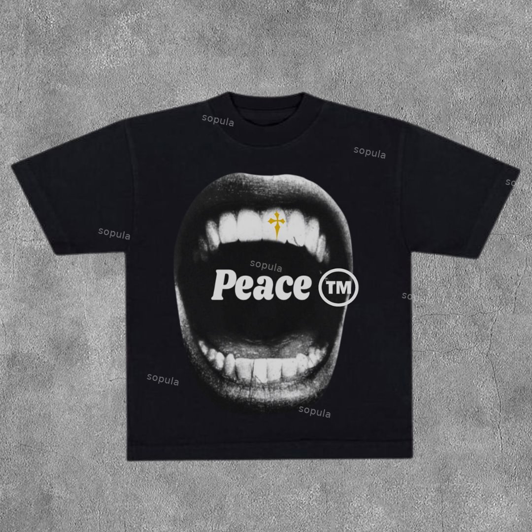 Sopula Vintage Peace Multi-Element Graphic Casual Street Basketball T-Shirt
