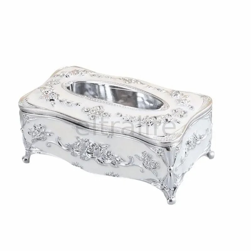 Vintage European Luxury Alloy Tissue Box, Rhinestone Inlaid Embossed Rose Decorative Pull‑out Tissue Holder for Home Vanity Table Living Room eltralife