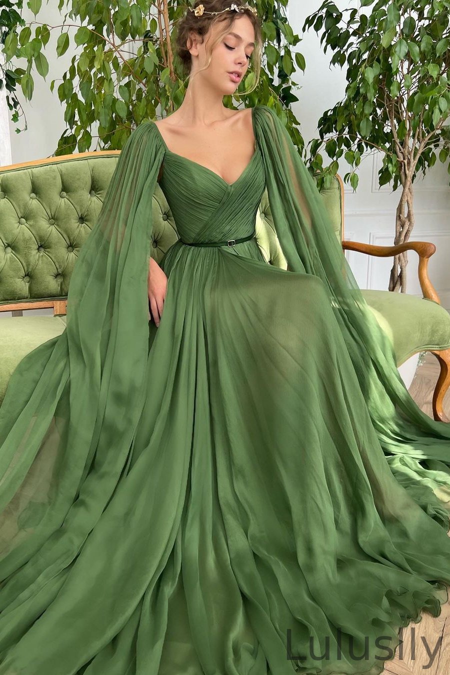 Luluslly V-Neck Ruffle Sleeves Evening Dress Split Long Party Gown