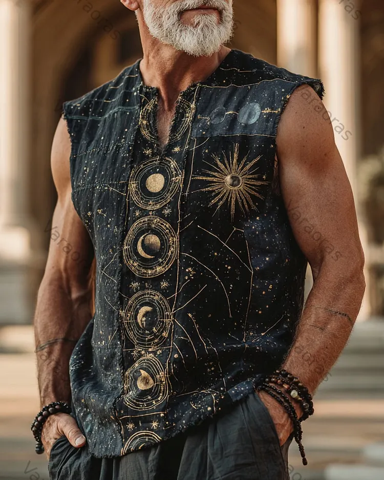 Men's Summer Fashion Star and Moon Embroidery Linen T-Shirt 4593