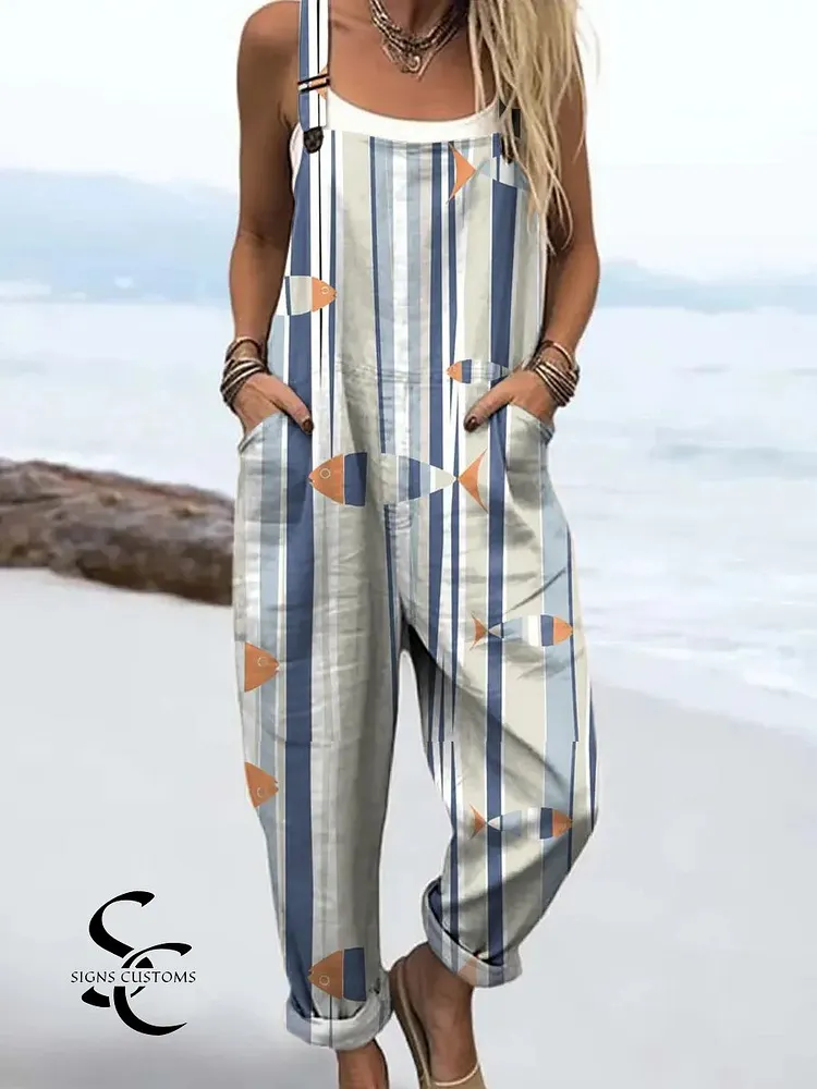 Women's Vintage Fish  Art Print Casual 100% Cotton Wide Leg Jumpsuit