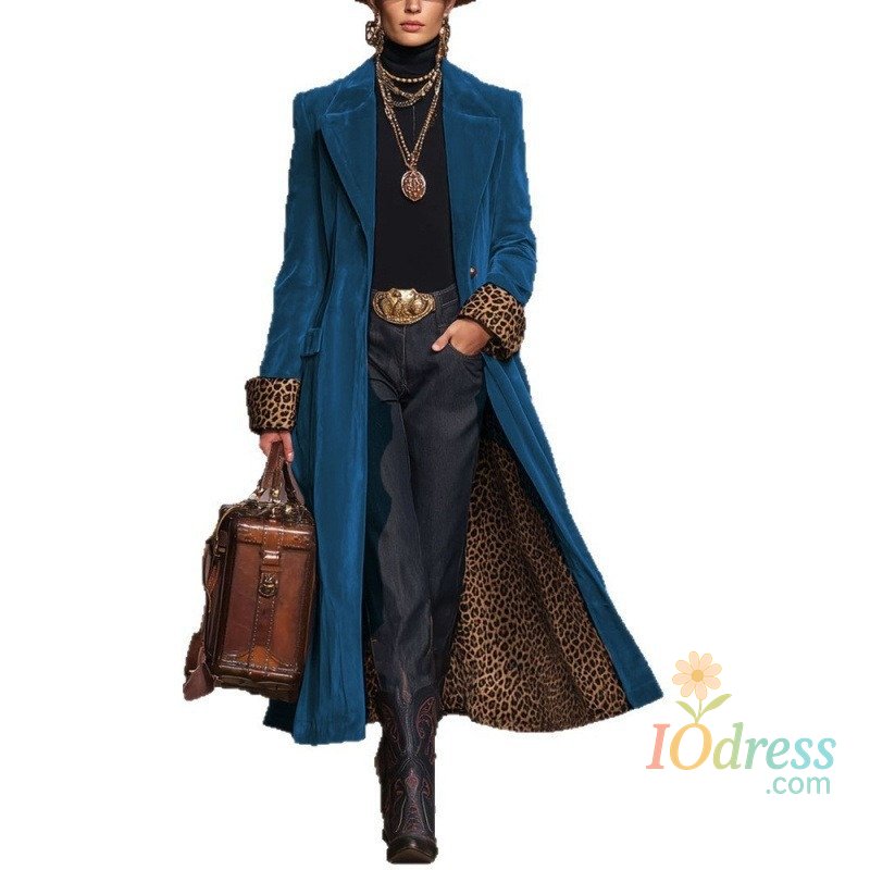 IO Dress Vintage Pink Velvet Long Trench Coat Women Leopard Lining Lapel Overcoat Western Style Fit Winter Outerwear Long jacket Coat  Ne