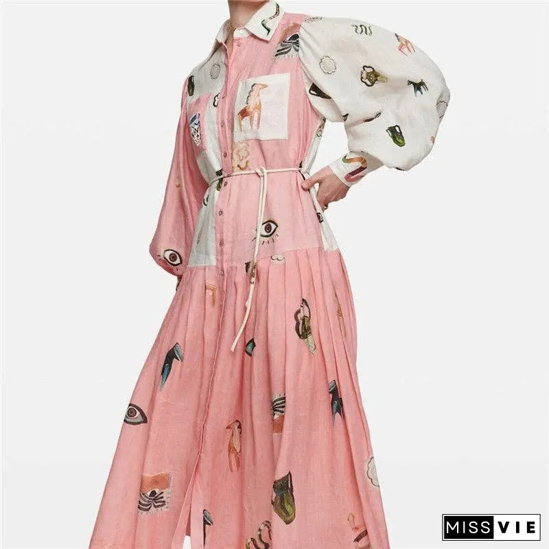 Floral Print Long Sleeve Tie-Waist Swing Dress