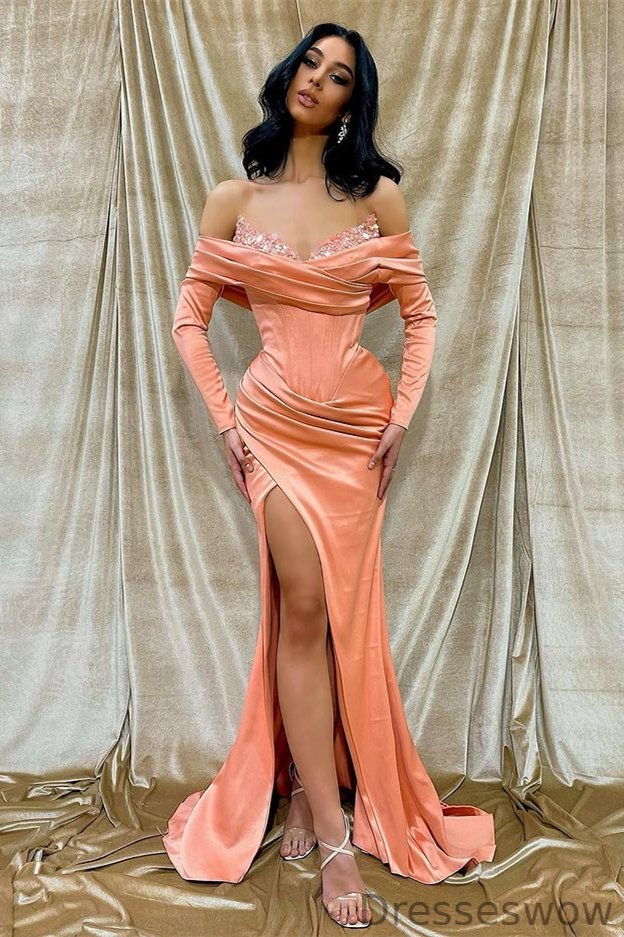 Dresseswow Off-the-Shoulder Long Sleeves Prom Dress Mermaid Slit With Sequins