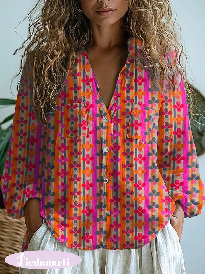 Women's  Retro Geometry Art Print Casual Long Sleeve Comfortable Cotton Shirt