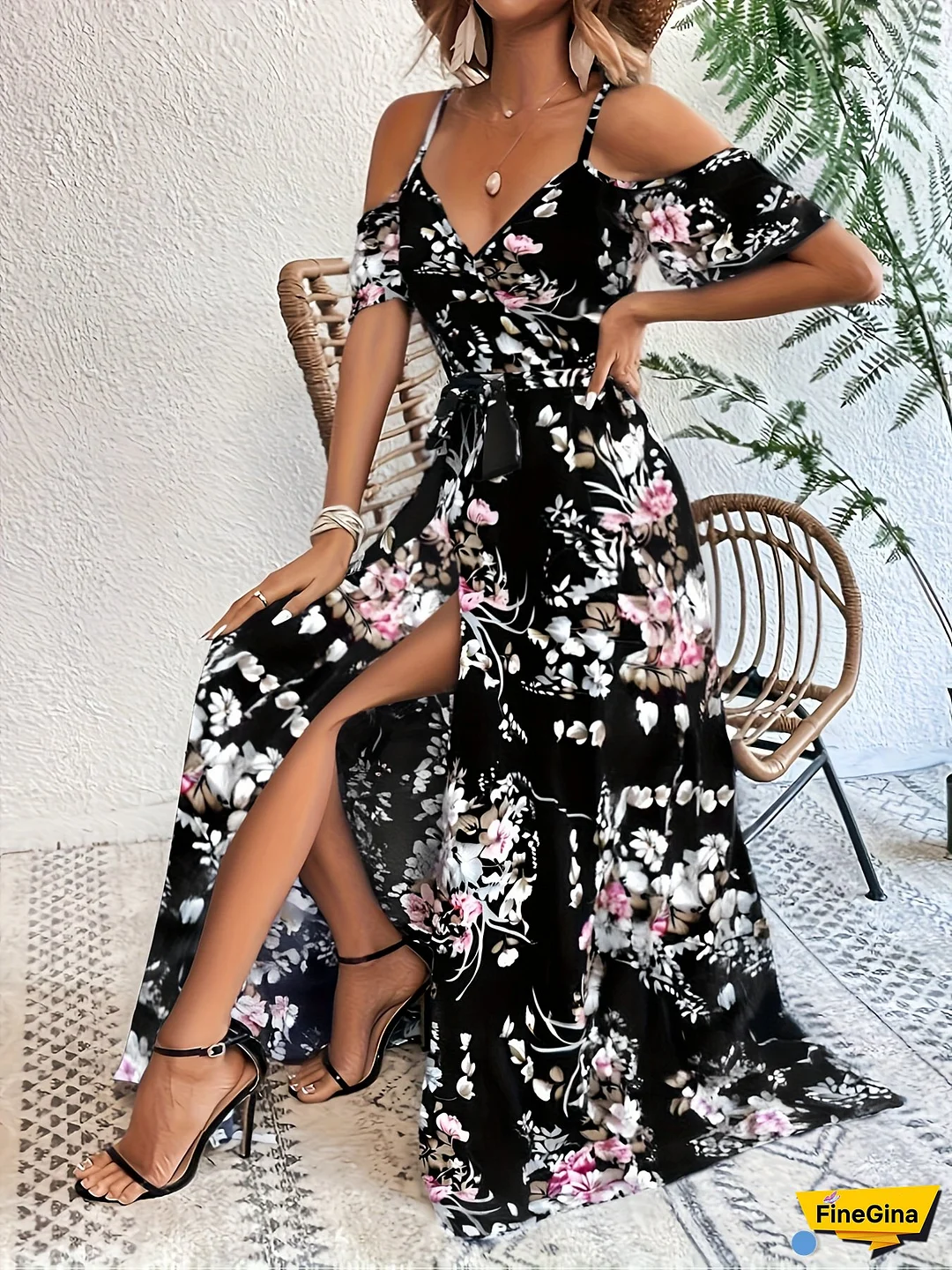 [Elegant Off-Shoulder Dress] Off-Shoulder V-Neck Maxi Dress | Elegant Floral Print, High Slit & Belted Waist, Black & White, All-Season Women's Fashion for Casual or Formal Occasions