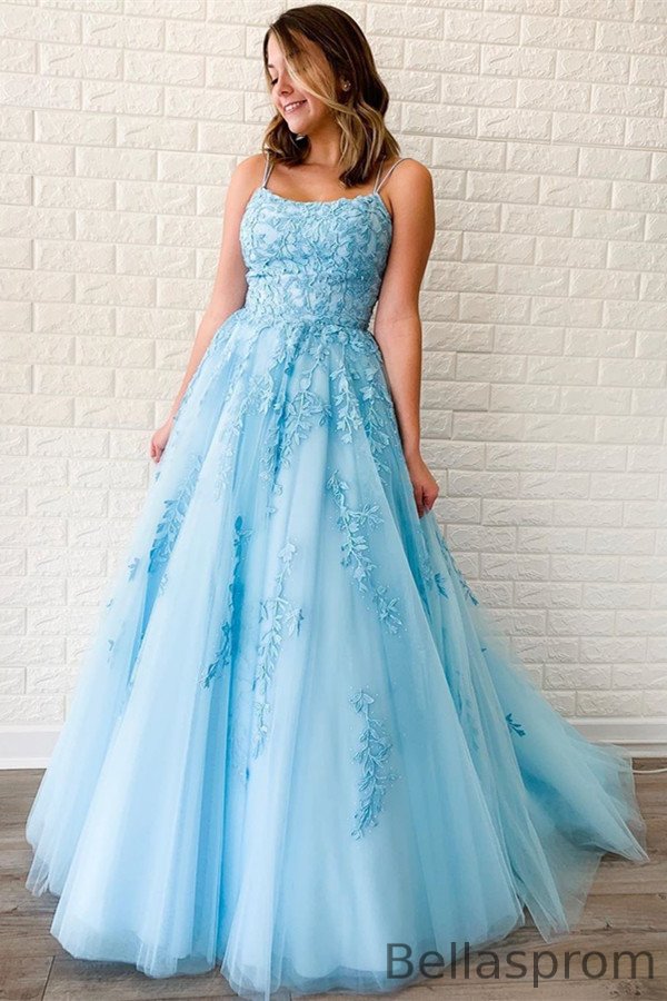 Bellasprom Sky Blue Appliques Evening Dress A-Line Spaghetti-Straps Bellasprom