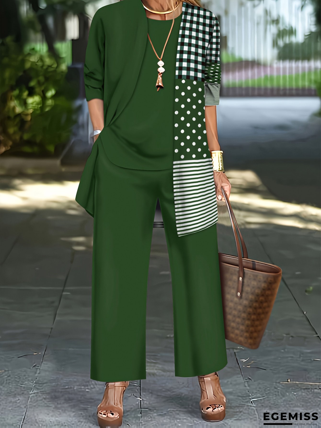 Plus Size, Stylish Plus Size Suit with Elegant Geometric Print Long Sleeve Jacket, Vest Top and Wide Pants Three-Piece Set for Women - Spring/Summer Collection (No Accessories Included) | EGEMISS