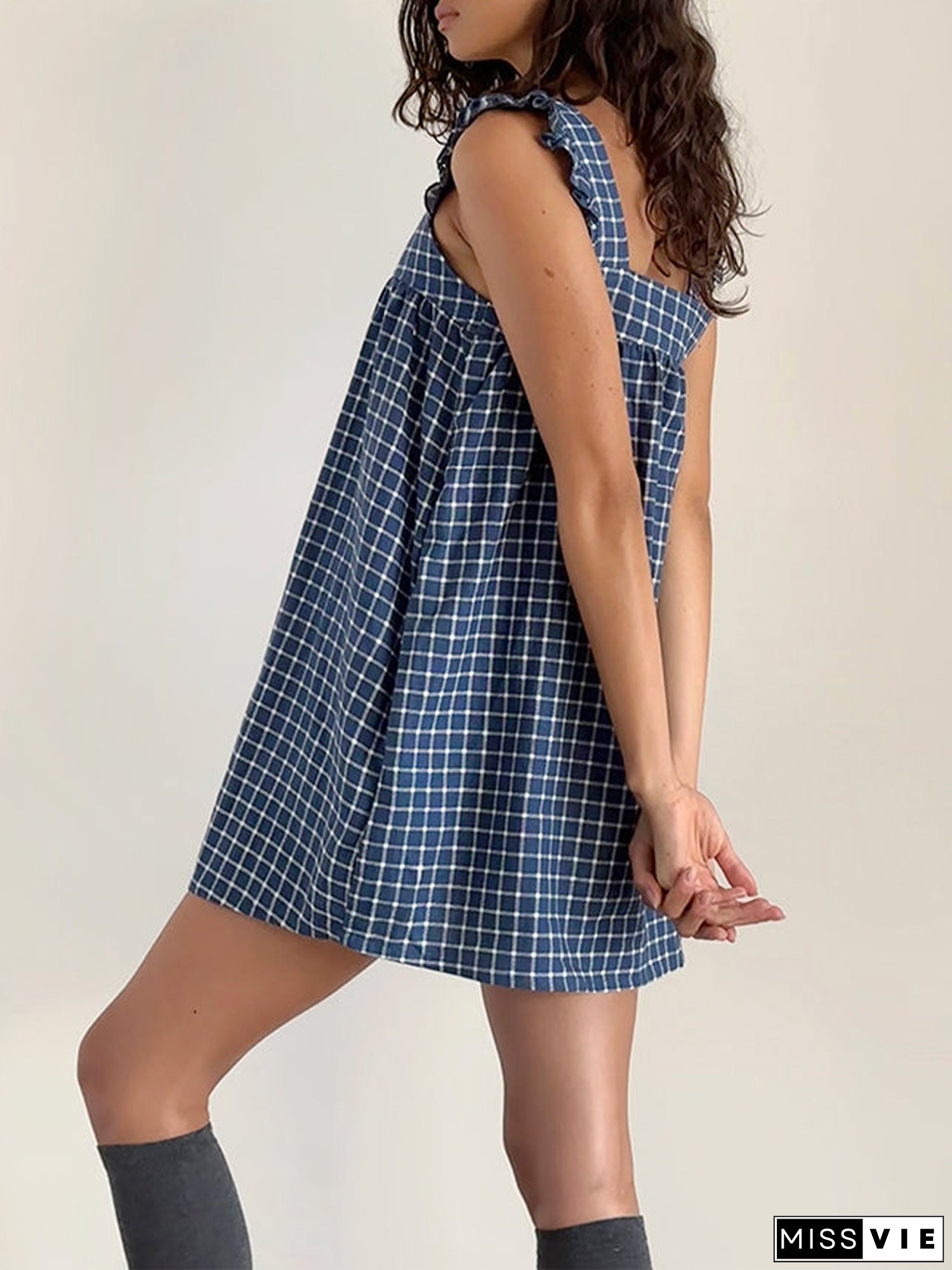 Women's Summer Mini Plaid Dress Ruffle Trim Square Neck Loose Fitting Cami Dress