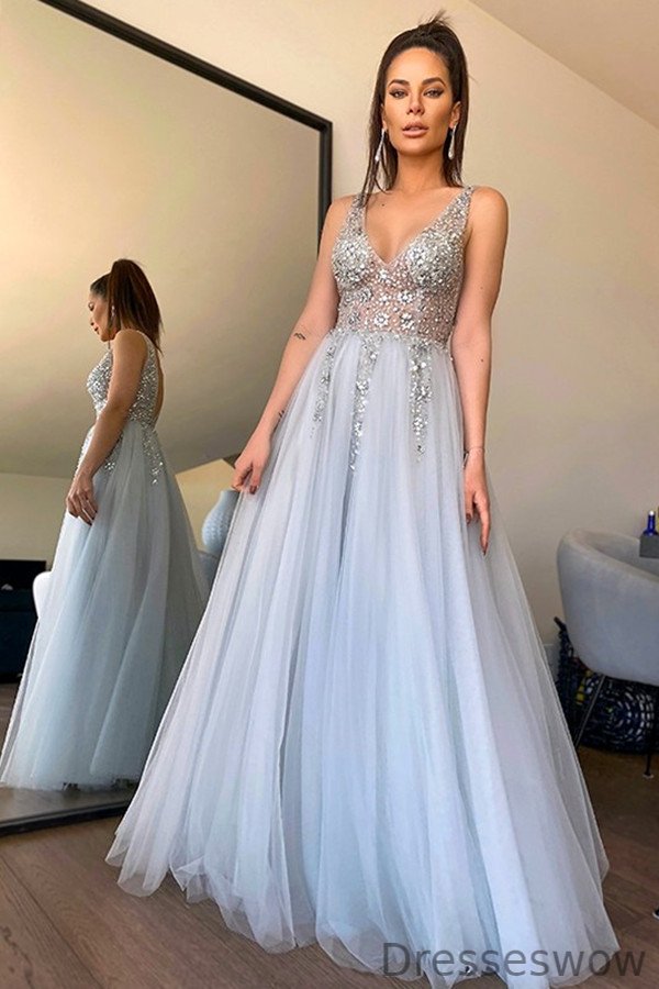 Dresseswow V-Neck Sleeveless Prom Dress With Crystals