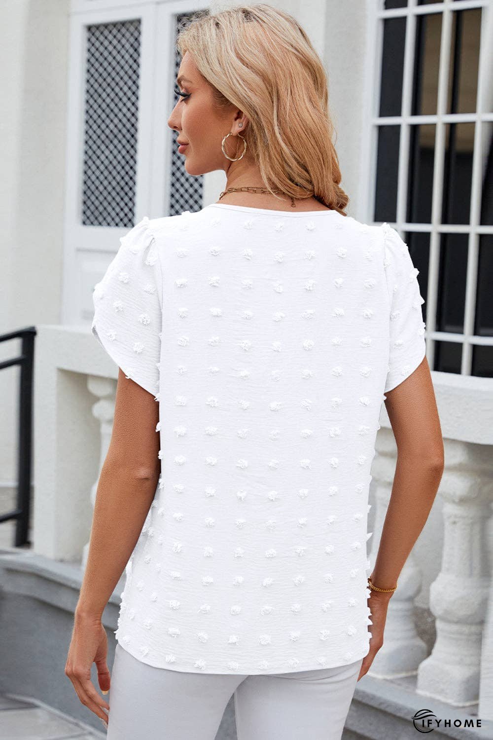 Swiss Dot Round Neck Petal Sleeve Blouse | IFYHOME