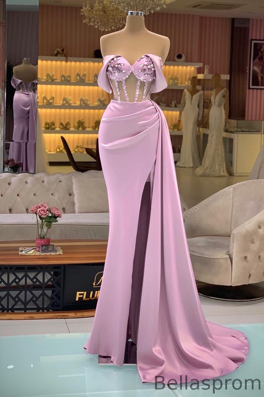 Bellasprom Pink Sweetheart Sleeveless Mermaid Prom Dress With Split Beads Ruffles Bellasprom